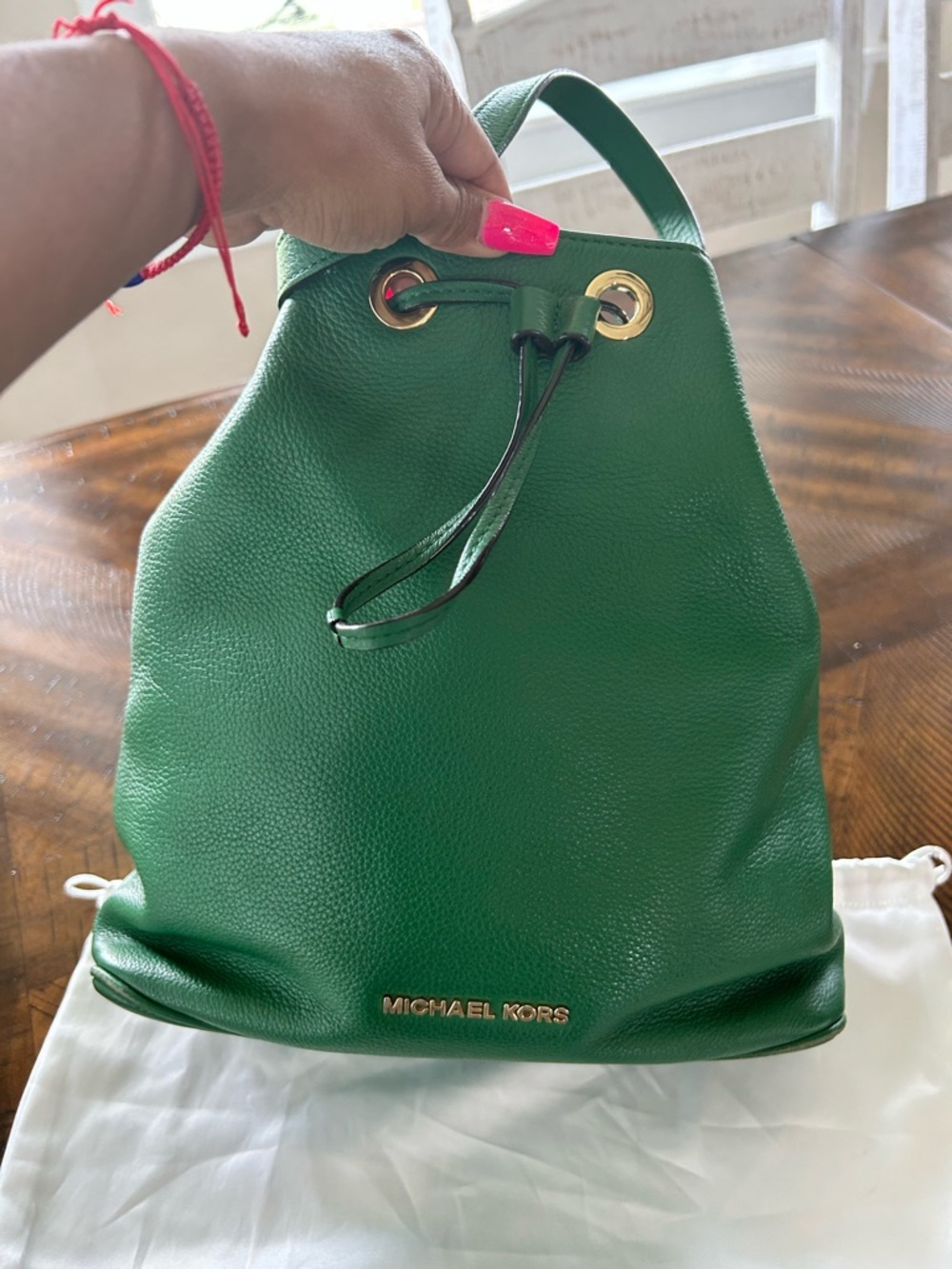 Michael Kors Emerald Green Pebbled Leather Drawstring Backpack
